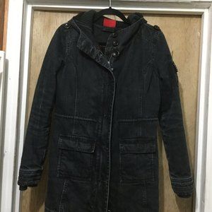 Dickies women' jacket great used condition black denim with faux fur size s